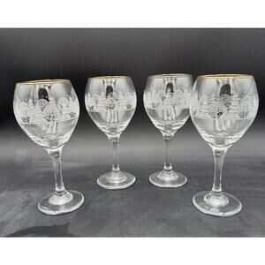 Set of 4 Vintage Arbys Winter Scene Christmas Wine Glasses with Gold Rim